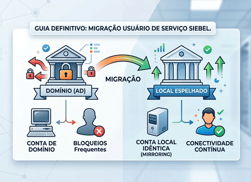 Usuário de Serviço Siebel Migração Siebel, Conta Local Espelhada, siebctl, Erro 1703955, Siebel 6.3 Windows, Pass-through Authentication.